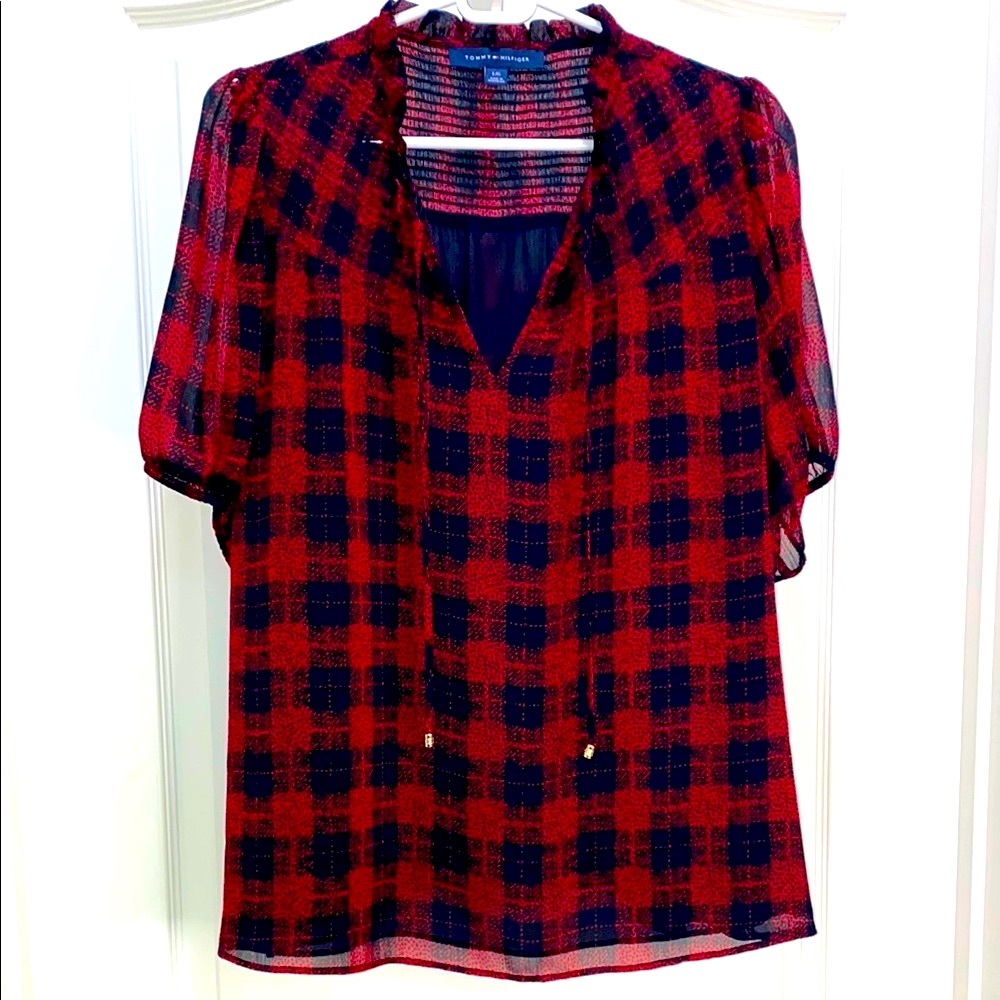 Tommy Hilfiger Plaid Red and Black V-Neck Women’s Top large